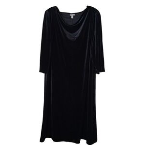 J Jill Black Velvet Midi Dress Size Xl Drape Neck 3/4‎ Sleeves Velour Holiday